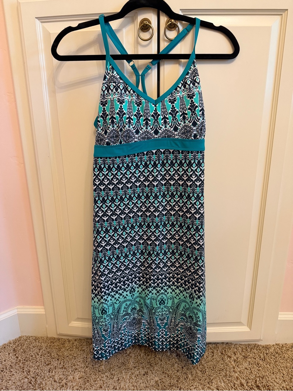 Athleta Teal and Navy Strappy Printed Beachwear Midi Dress